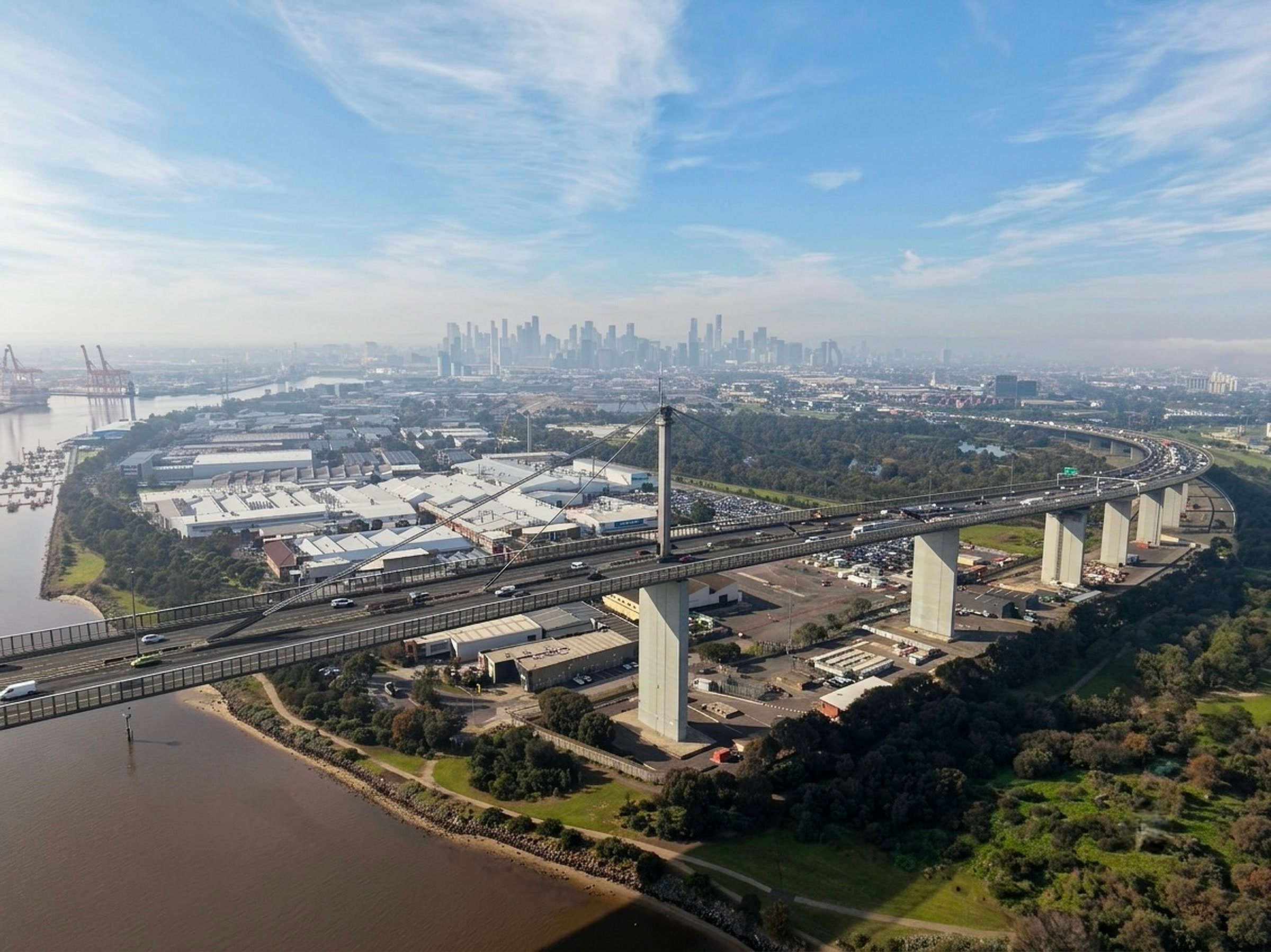 Aerial view of the West Gate Bridge linking Melbourne's inner west to the CBD skyline
